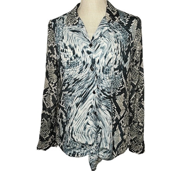 MICHAEL KORS Snake Print Button Down Silver Blue Blouse Tie Front Bundle Sz M - Picture 11 of 16